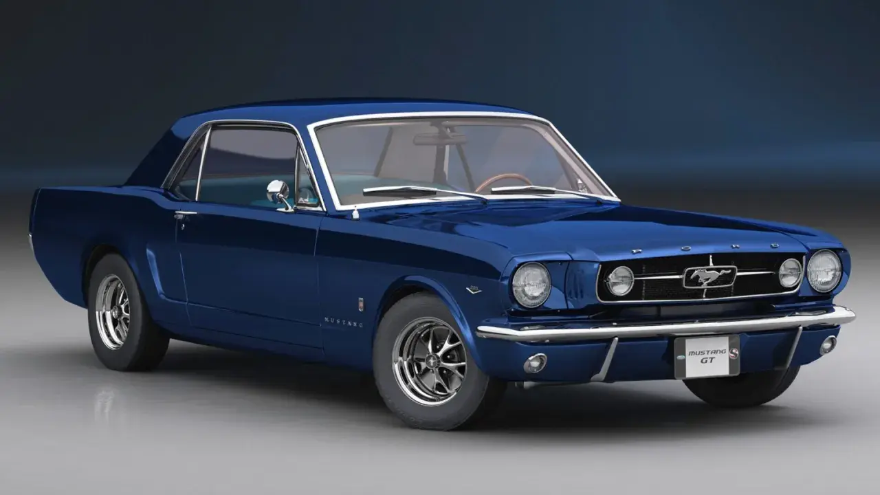 Błękitny Ford Mustang 65 GT z chromowanymi detalami i klasycznym grillem.