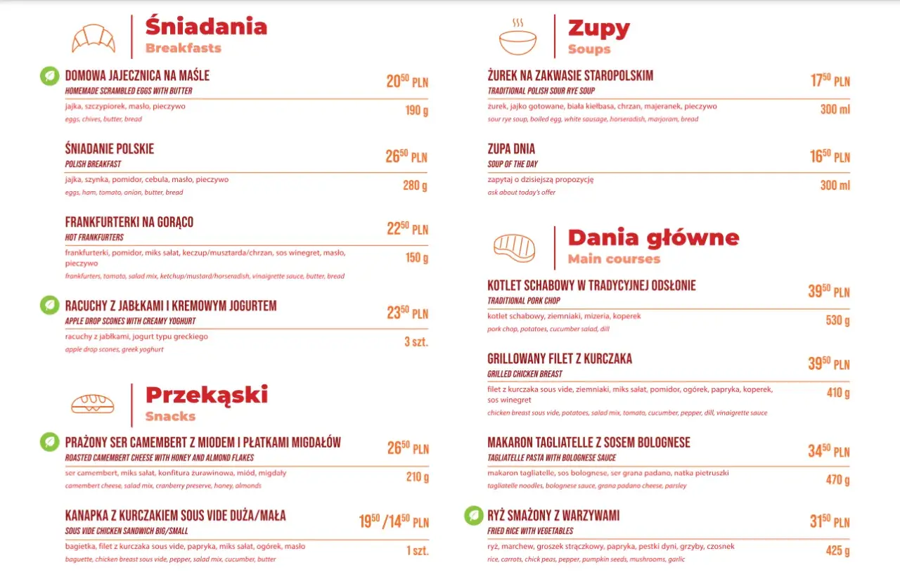 Menu z daniami, w tym intercity wagon restauracyjny z zupami i daniami głównymi.