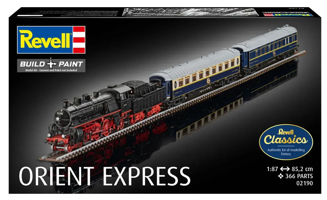 Model pociągu do sklejania Orient Express od Revell. Zestaw zawiera lokomotywę i wagony.