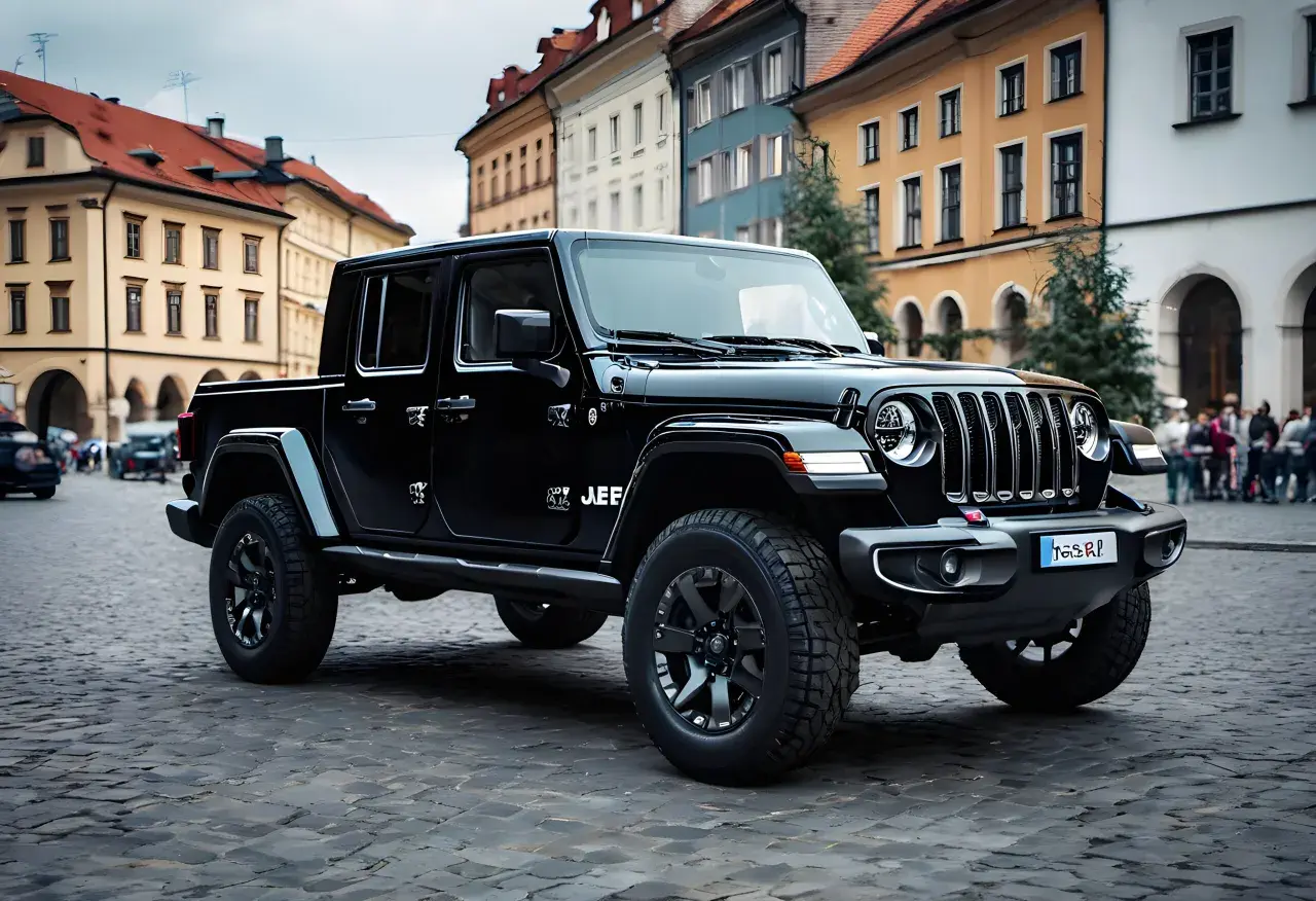 Czarny Jeep Gladiator na brukowanej ulicy, jeden z wielu imponujących jeep modele.