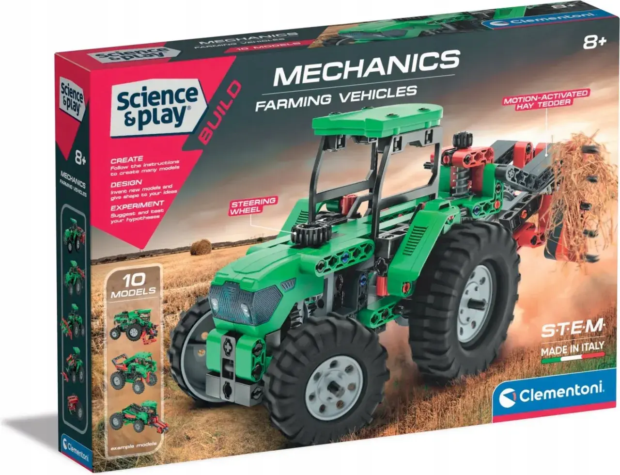 Zestaw Clementoni "Mechanics Farming Vehicles" to fantastyczne **zabawki mechaniczne dla dzieci**, które pozwalają zbudować traktor z ruchomym podajnikiem siana.