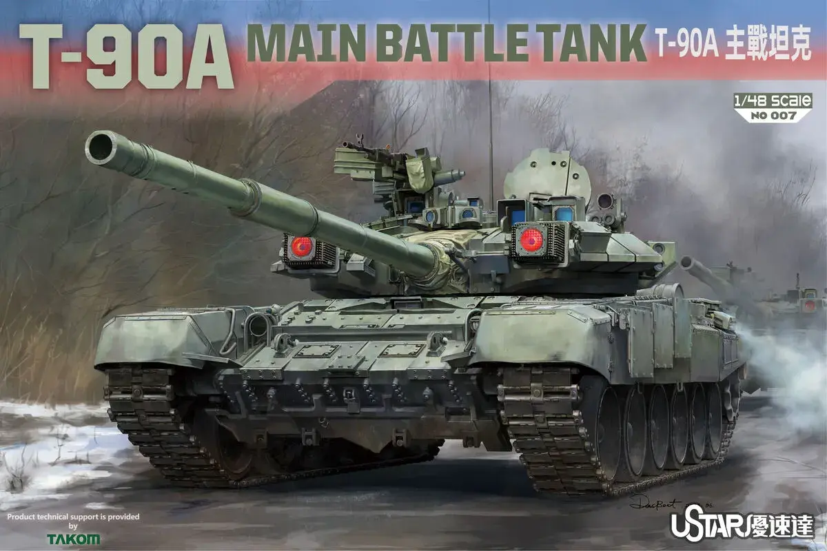 Potężny czołg T-90A w skali 1/48, gotowy do akcji na tle zimowego krajobrazu.