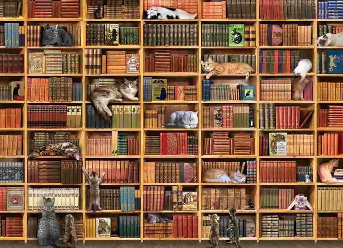 Koty w bibliotece, wylegujące się na półkach z książkami. To jak puzzle biblioteka, gdzie każdy kot to element układanki.