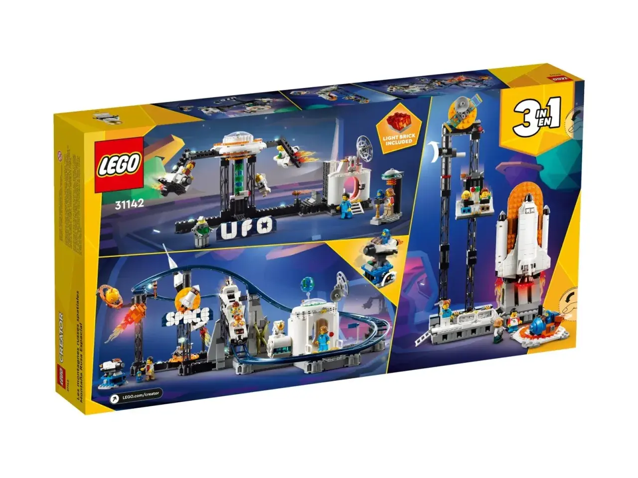 Zestaw LEGO Creator 3 w 1 z kosmiczną kolejką górską zabawką, statkiem kosmicznym i innymi modelami.