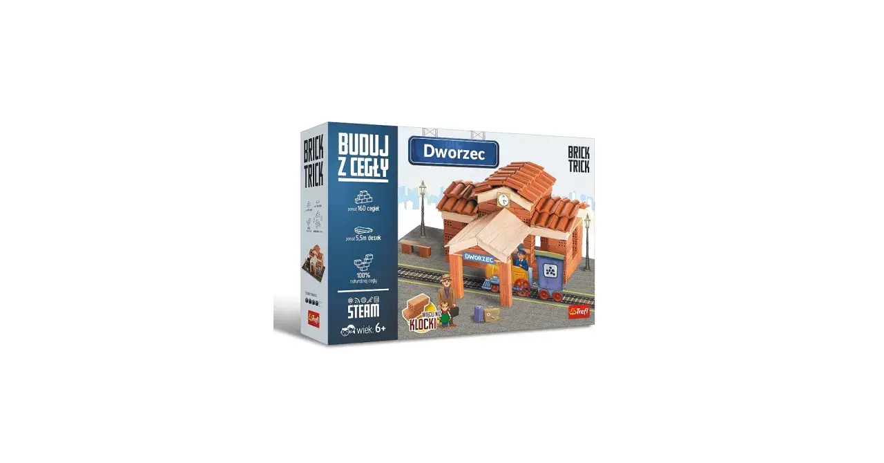 Zestaw Brick Trick Dworzec pozwala zbudować stację kolejową z prawdziwych cegieł. Idealny do podróży w świat wyobraźni!