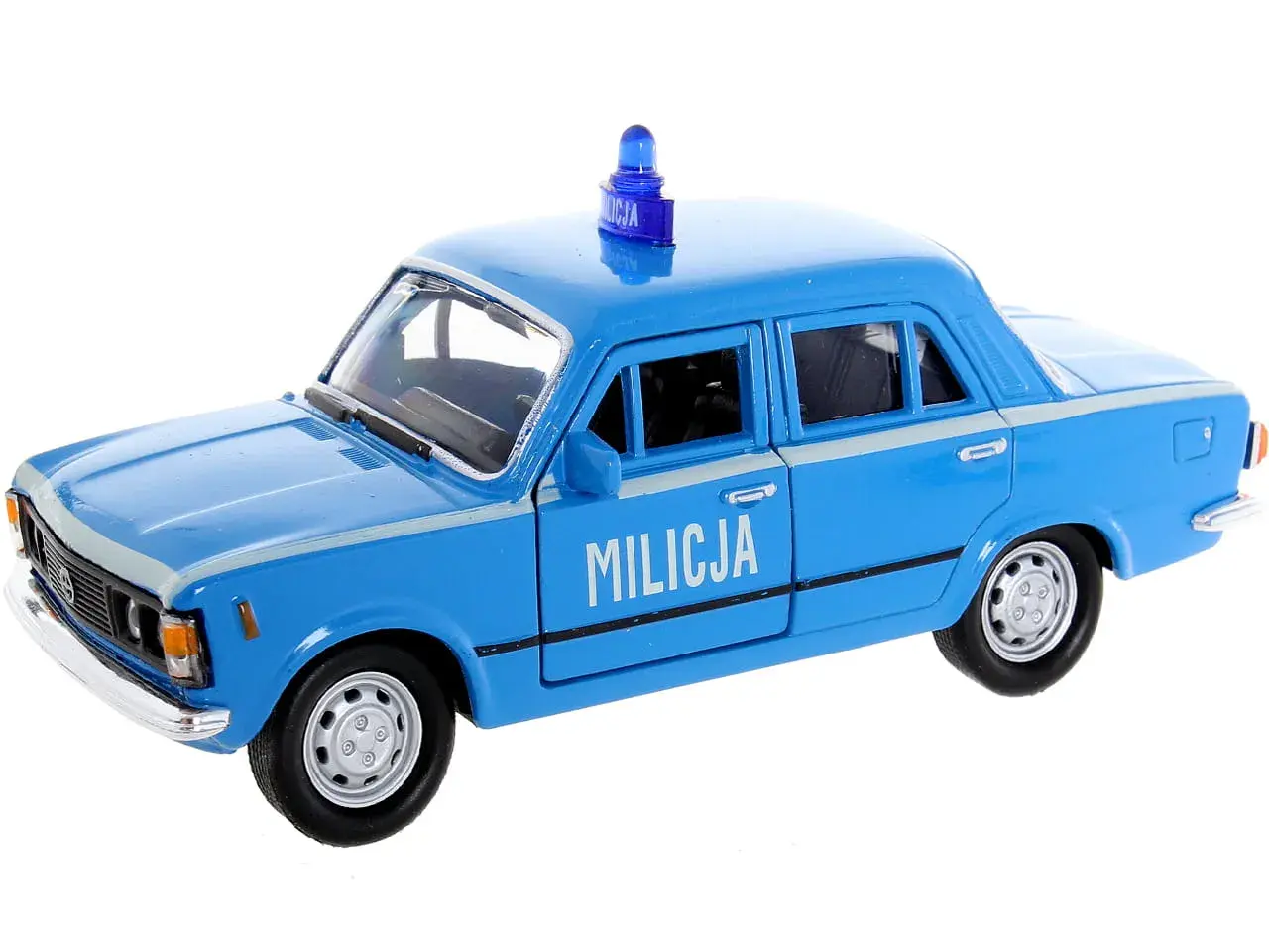 Niebieski fiat 125p milicja z niebieską syreną na dachu, gotowy do akcji.