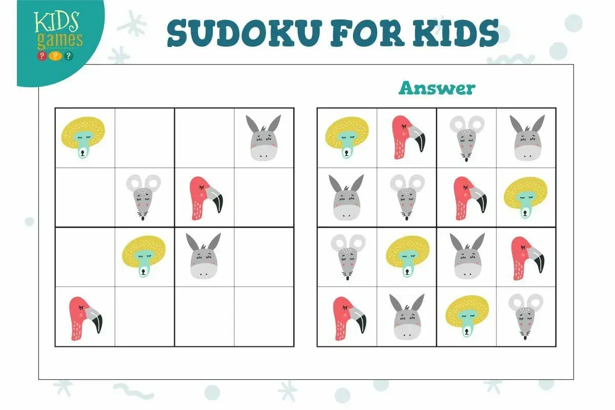 Sudoku zasady dla dzieci: plansza z zagadkami i rozwiązaniami, gdzie zamiast cyfr są urocze zwierzątka: lew, myszka, flaming i osiołek.
