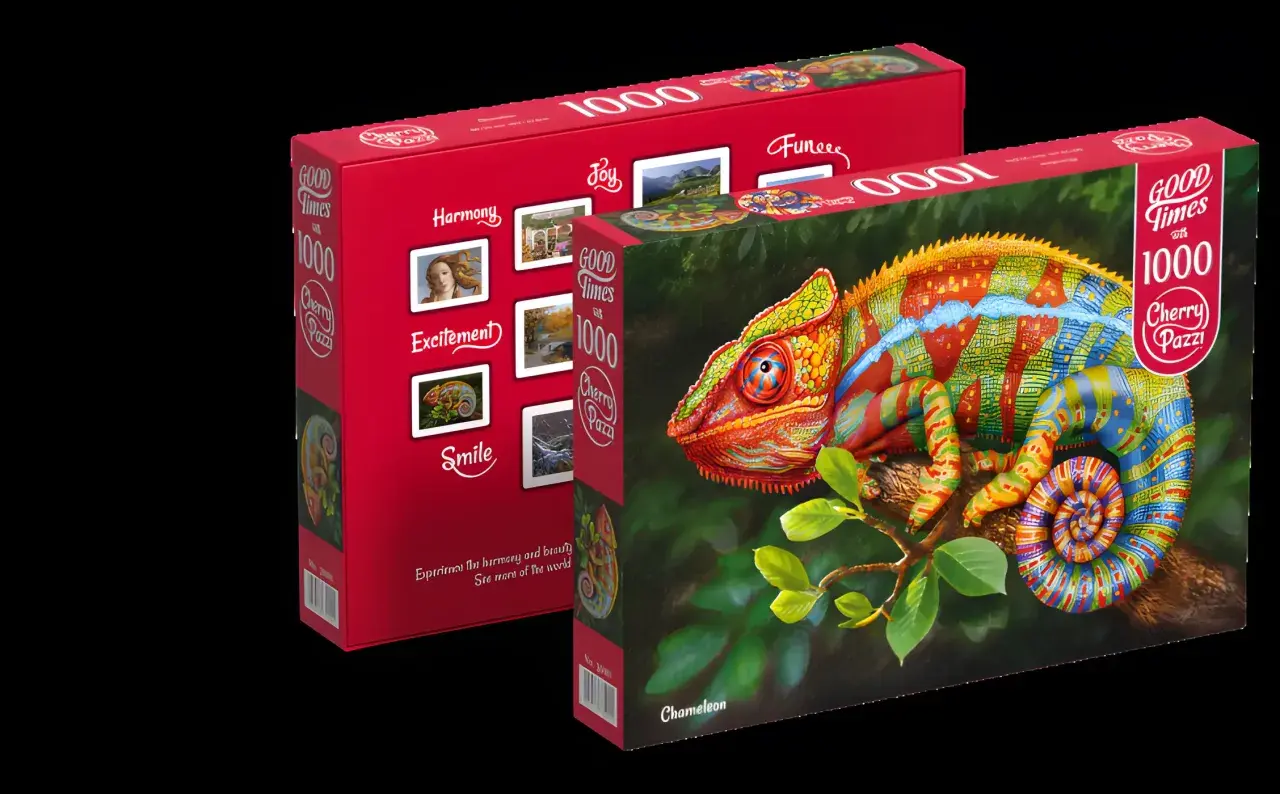 Kolorowe puzzle kameleon od Cherry Pazzi, 1000 elementów. Zestaw zawiera obrazek z jaszczurką na gałęzi.