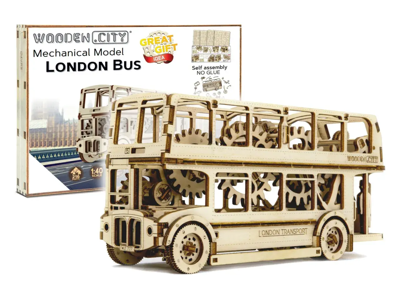 Drewniany, mechaniczny model autobusu londyńskiego z widocznymi zębatkami. Idealny na prezent dla miłośników Anglii.