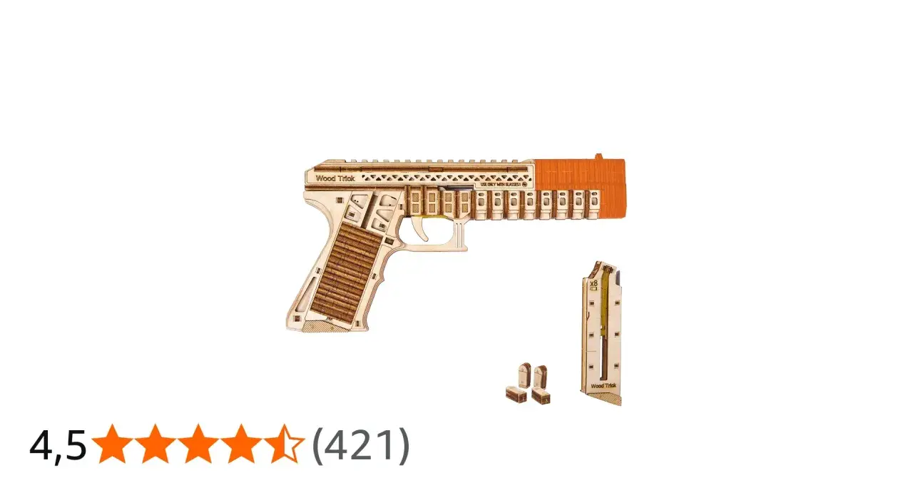 Drewniany pistolet Wood Trick z pomarańczową lufą i magazynkiem, gotowy do złożenia.