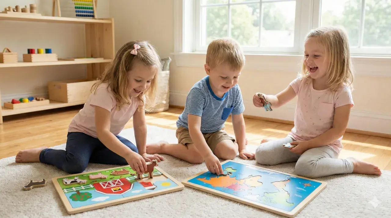 Dzieci bawią się drewnianymi puzzlami 3d: na jednym jest wieś z zagrodą, na drugim mapa świata.