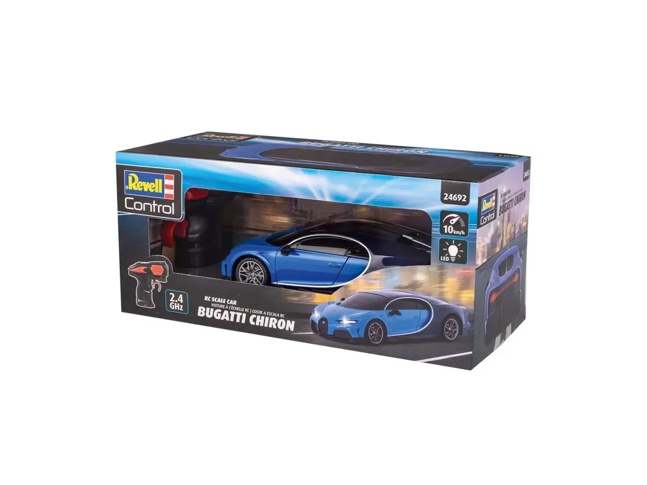 Niebieska zabawka Bugatti Chiron na opakowaniu Revell Control z pilotem.