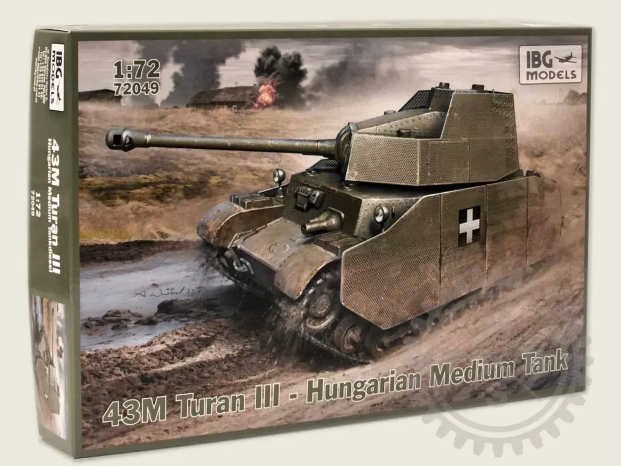 Model 43M Turan III, węgierski czołg średni, w akcji na błotnistym terenie, z płonącymi budynkami w tle.