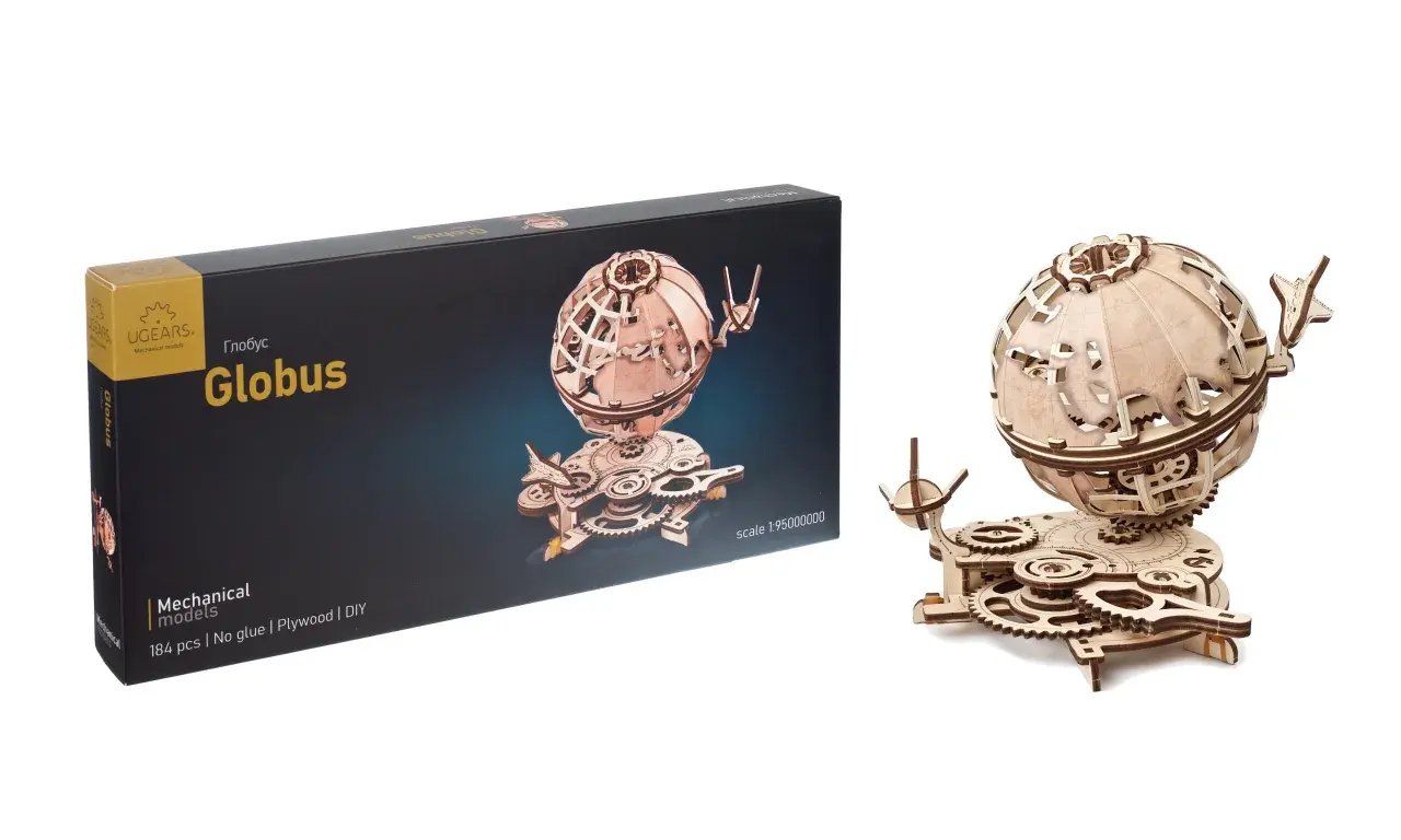 Drewniany puzzle 3d globus, model mechaniczny do samodzielnego złożenia. Zestaw zawiera 184 elementy.