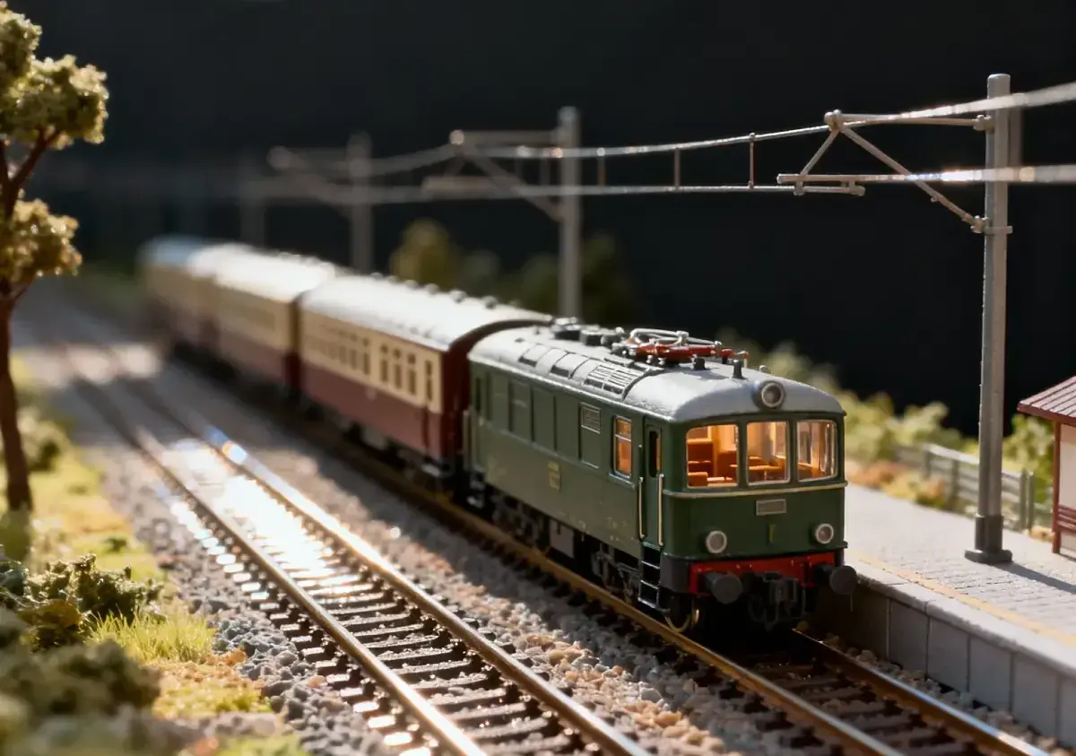 Zielona lokomotywa z wagonami na makiecie kolejowej. Te modele pociągów wyglądają jak prawdziwe!