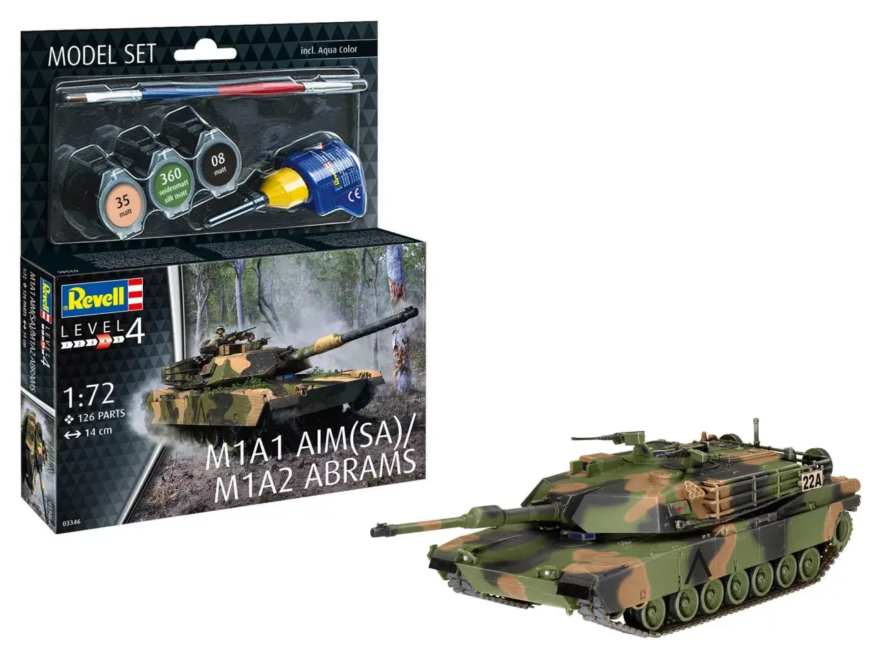 Zestaw do sklejania czołgu M1A1 Abrams, zawiera farby i pędzel. Model czołgu w kamuflażu leśnym.