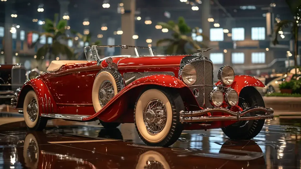 Błyszczący, czerwony kabriolet Duesenberg Model J z białymi oponami i chromowanymi detalami, stojący na lśniącej podłodze.