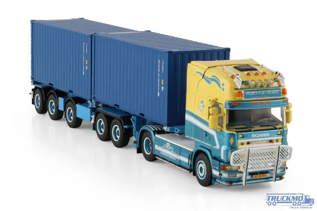 Żółto-niebieska Scania z dwoma niebieskimi kontenerami. Model ciężarówki Scania kontener, gotowy do transportu.