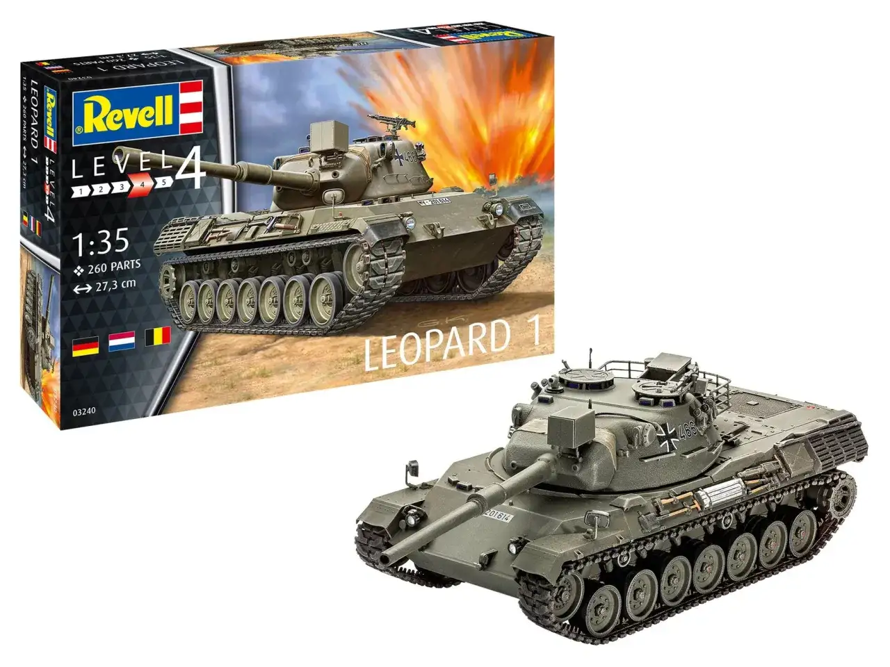 Model czołgu Leopard 1 od Revell, poziom trudności 4, 260 części. Gotowy model i pudełko z dynamiczną grafiką.