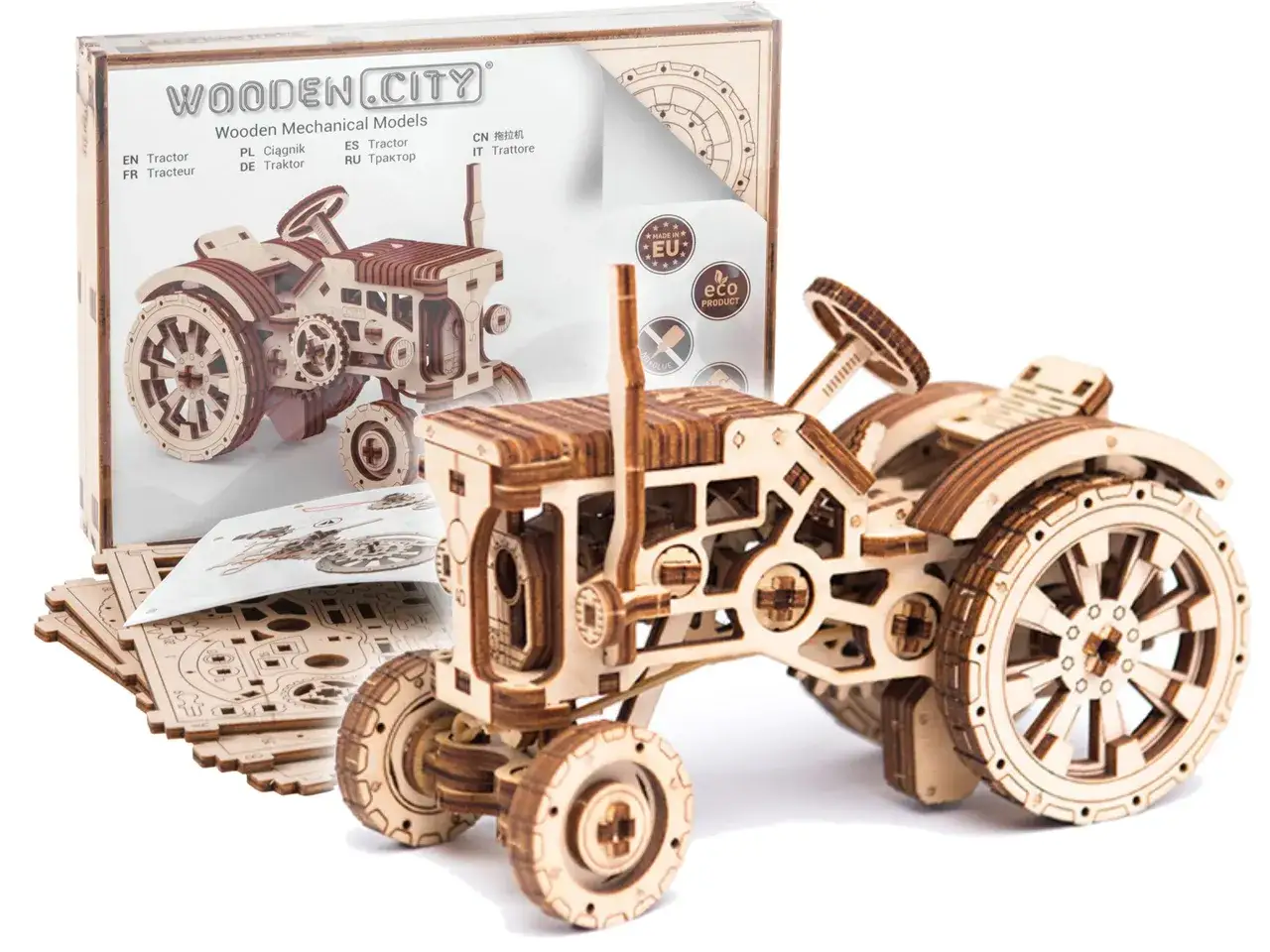 Drewniany traktor do składania, model do samodzielnego montażu z serii Wooden City. Zestaw zawiera wycięte laserowo elementy i instrukcję.