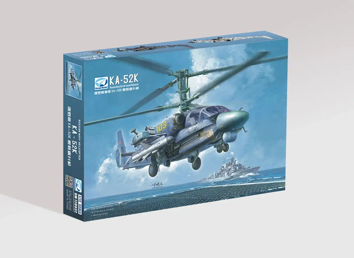 Model helikoptera Kamov Ka-52K w wersji pokładowej, latający nad morzem obok okrętu wojennego.