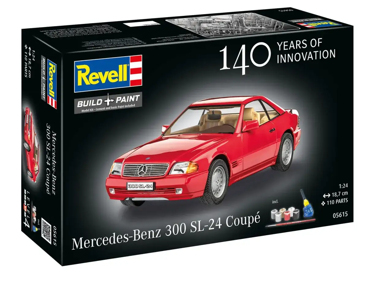 Zestaw do sklejania Revell: czerwony Mercedes-Benz 300 SL-24 Coup&eacute;, skala 1:24, 110 części. Idealny puzzle dla fan&oacute;w motoryzacji.