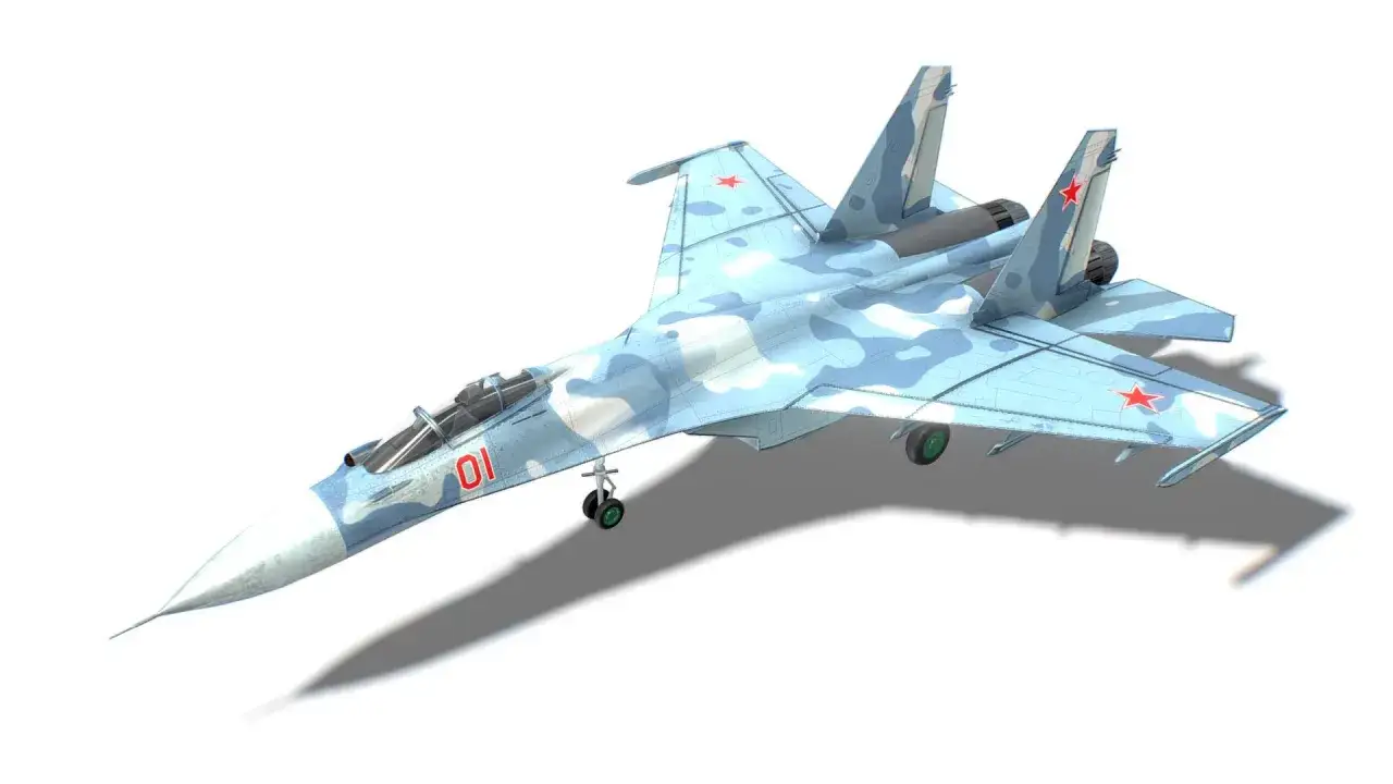 Su-27 Flanker w kamuflażu zimowym, z czerwonym numerem