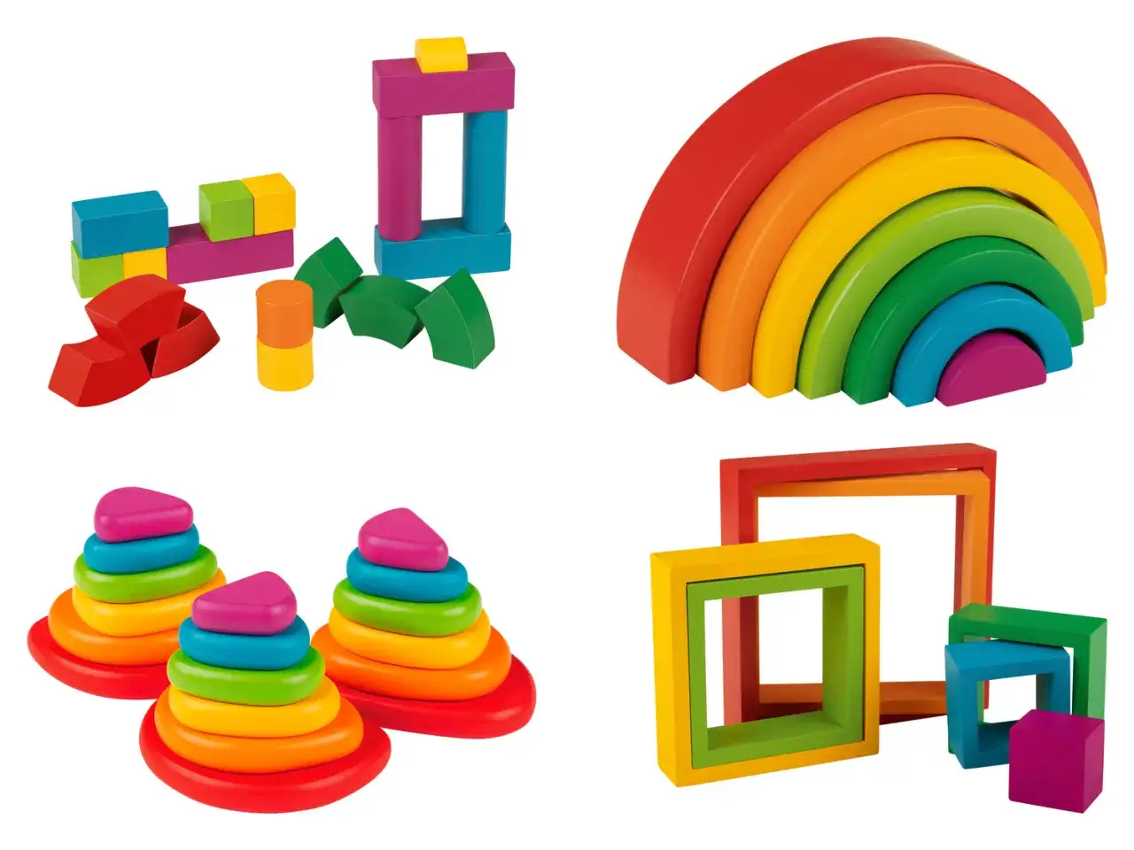 Kolorowe, drewniane klocki i sortery kształt&oacute;w Playtive. Tęczowa wieża, piramidki i geometryczne formy do budowania.