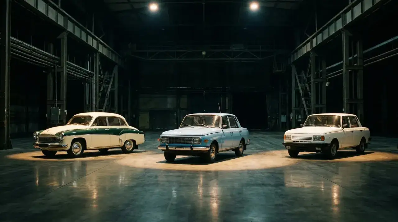 Trzy klasyczne samochody Wartburg w r&oacute;żnych kolorach stoją w ciemnym, industrialnym wnętrzu.