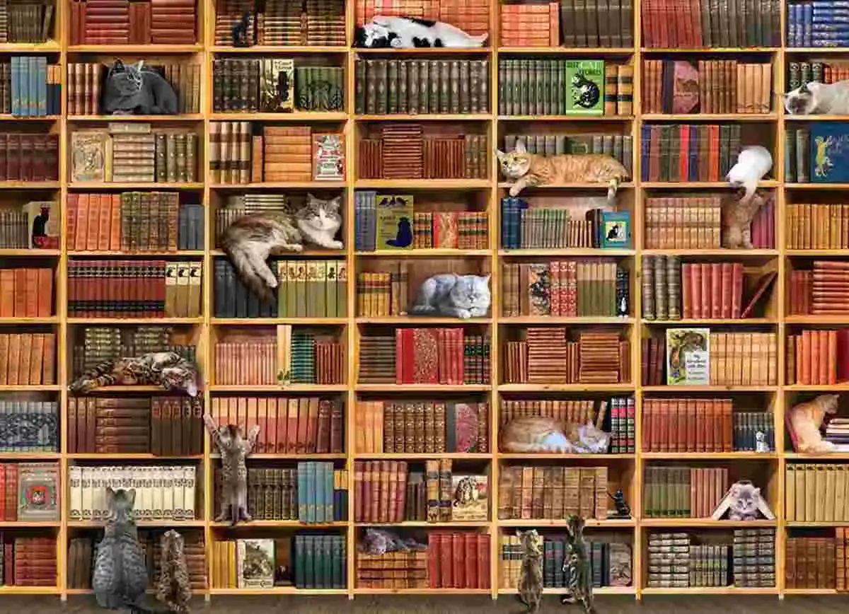 Koty w bibliotece, wylegujące się na półkach pełnych książek. To jak żywy puzzle biblioteka, gdzie każdy kot to element układanki.