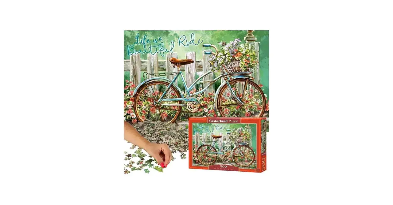 Puzzle z rowerem w kwiatach, z napisem 