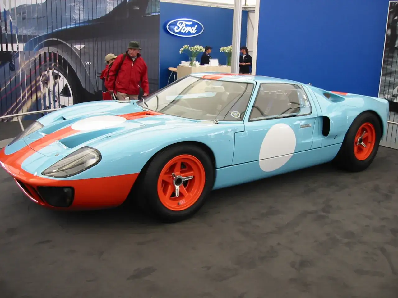 Błękitno-pomarańczowy Ford GT40 z białymi okręgami, ikona wyścig&oacute;w, prezentuje się na wystawie.