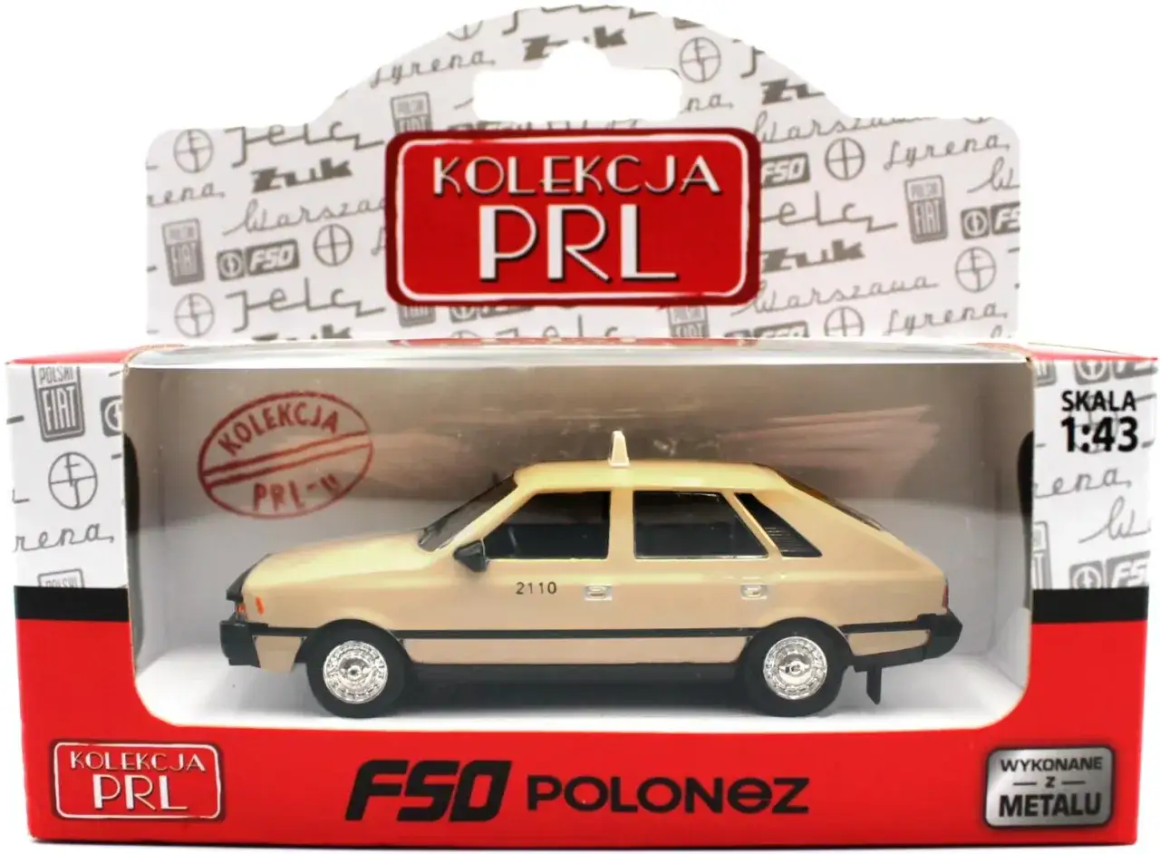 Model FSO Polonez w kolorze beżowym, w opakowaniu z napisem
