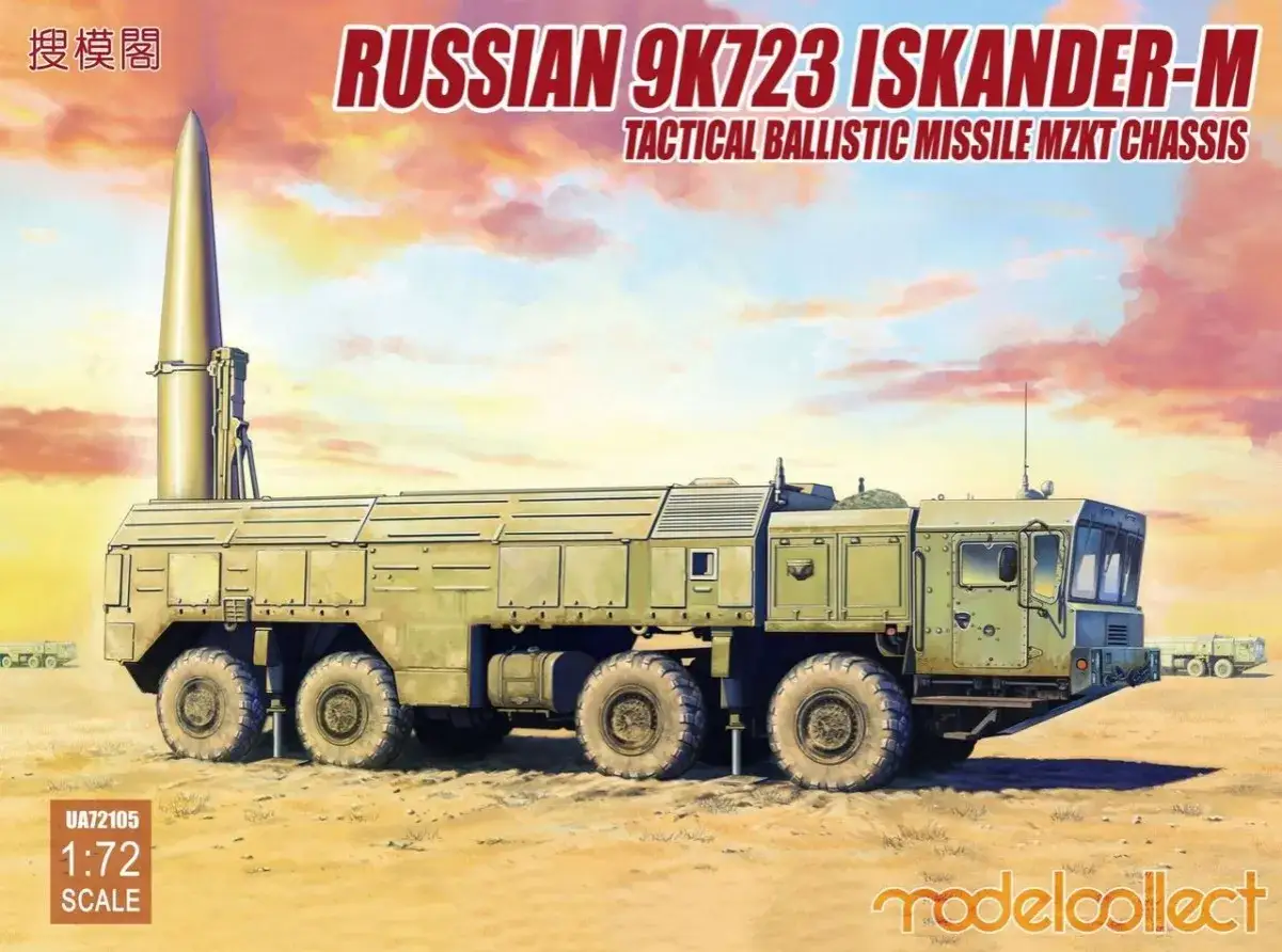 Rosyjski system rakietowy 9K723 Iskander-M na podwoziu MZKT, gotowy do akcji na pustynnym tle.