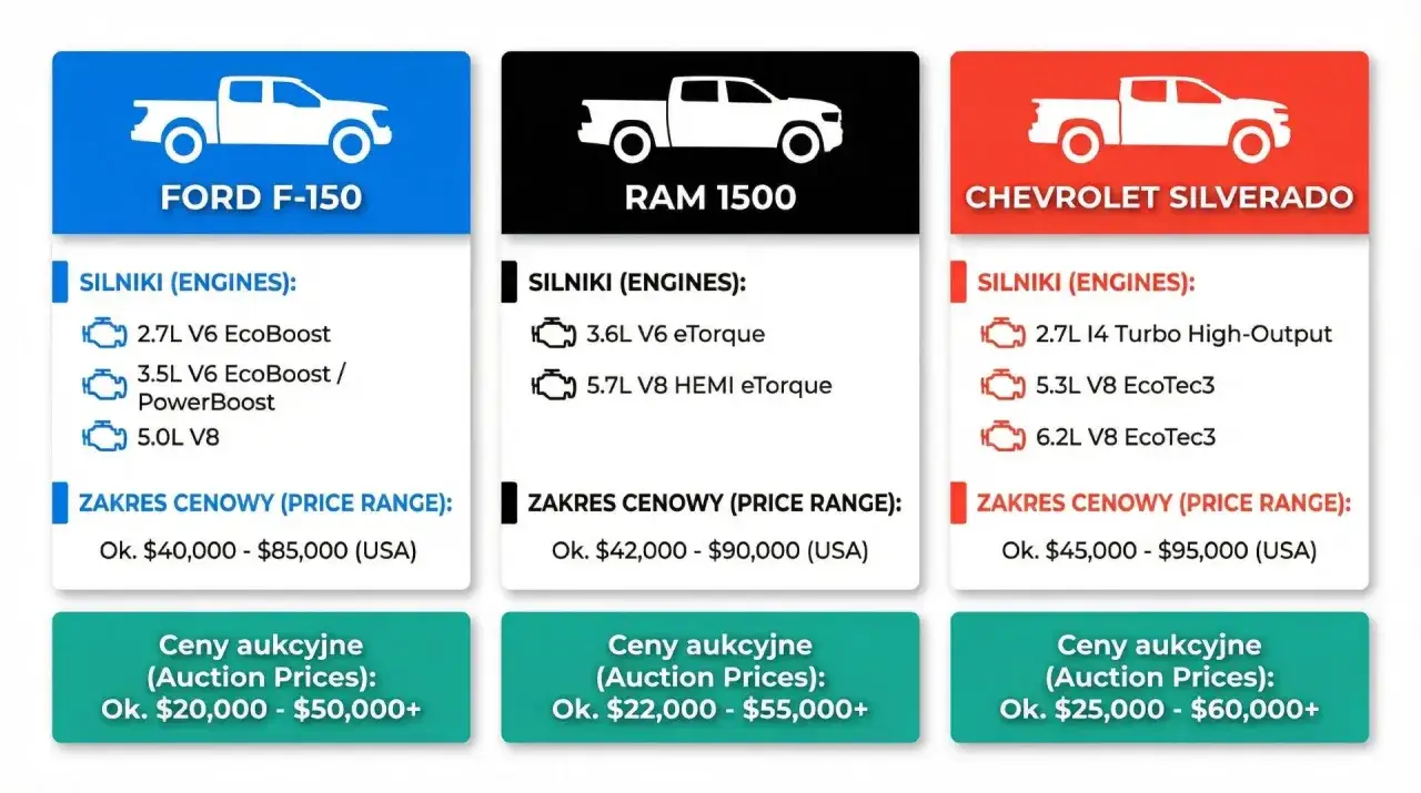 Por&oacute;wnanie modeli ford pickup: F-150, Ram 1500, Chevrolet Silverado - silniki, ceny i ceny aukcyjne.