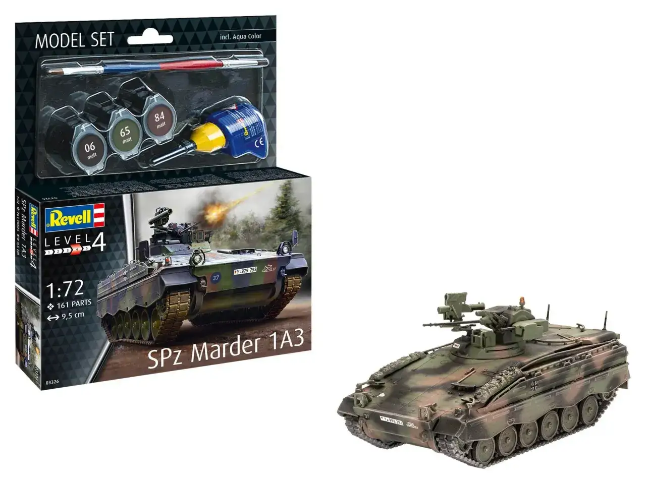 Zestaw do sklejania modelu SPz Marder 1A3 w skali 1:72. Zawiera farby i pędzel.