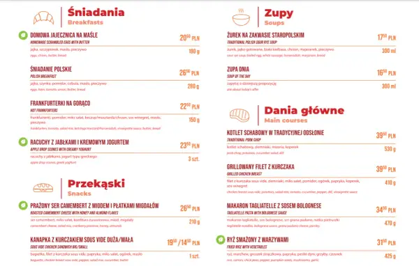 Menu z daniami, w tym intercity wagon restauracyjny z zupami i daniami głównymi.
