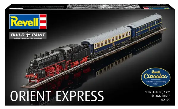 Model pociągu do sklejania Orient Express od Revell. Zestaw zawiera lokomotywę i wagony.